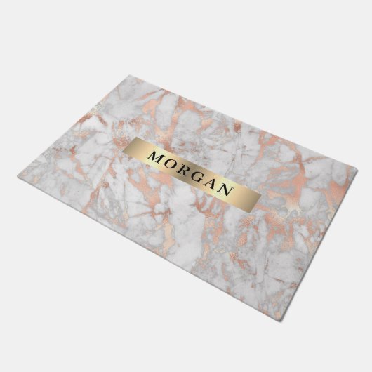 Witte en Roos goudmarmer, naam op goudband Deurmat (Schuin)