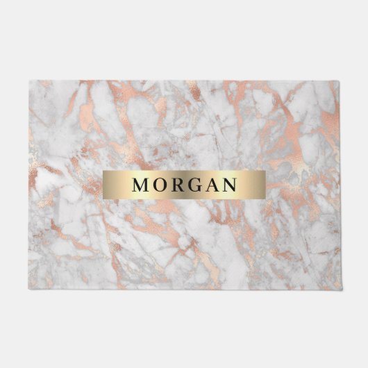 Witte en Roos goudmarmer, naam op goudband Deurmat (Voorkant)
