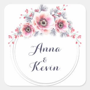 Witte en roze anemonen, bloemzwavel. vierkante sticker