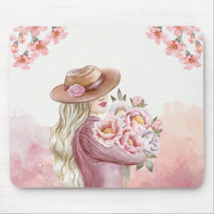 witte en roze aquarel Vintage Dame Bloemstuk schoo Muismat