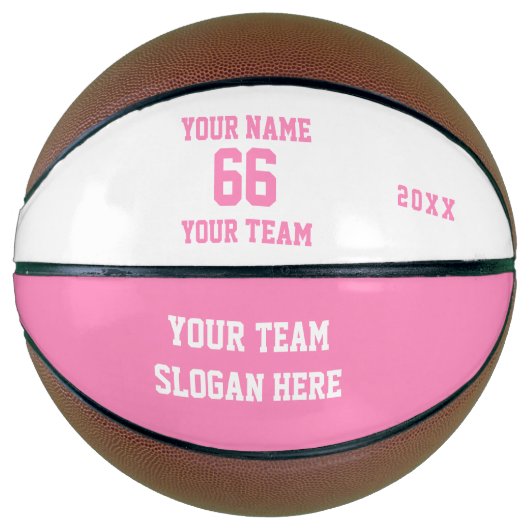 Witte en roze basketbal met naam, nummer, team (Voorkant)