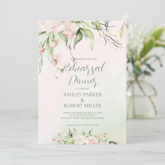Witte en roze bloemen repetitie Dinner Invite Kaart (Staand voorkant)