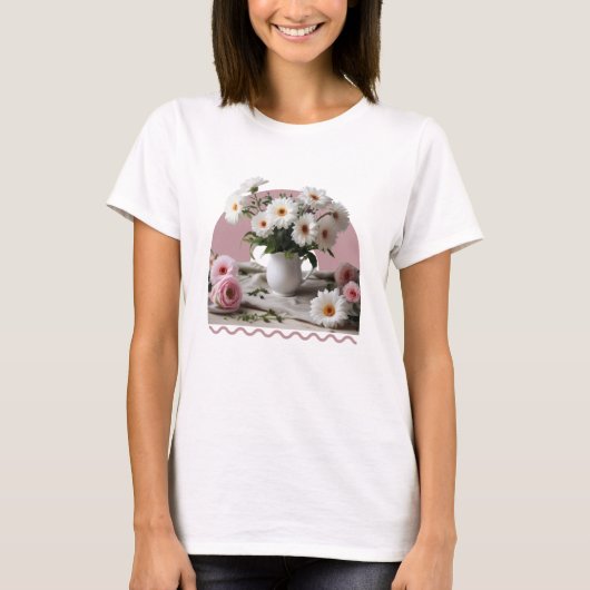 Witte en roze bloemen t-shirt (Voorkant)