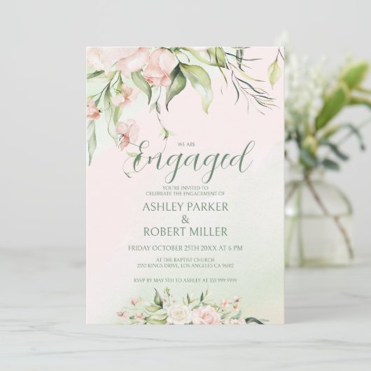 Witte en roze bloemen verloving Uitnodigen Kaart (Staand voorkant)