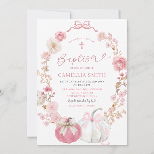 Witte en Roze Bow Coquette Pompoen Doop Kaart (Voorkant)