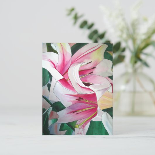 Witte en Roze daglly waterverf art flower Briefkaart (Staand voorkant)