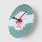 Witte en roze Daisy op Turquoise Ronde Klok (Hoek)
