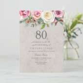 -witte en roze Floral 80ste verjaardag Uitnodiging (Staand voorkant)