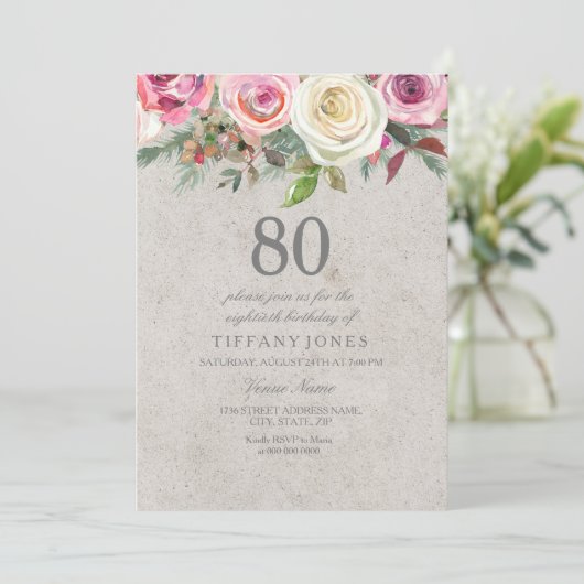 -witte en roze Floral 80ste verjaardag Uitnodiging (Staand voorkant)
