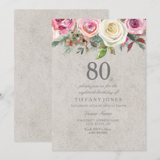 -witte en roze Floral 80ste verjaardag Uitnodiging (Voorkant / Achterkant)