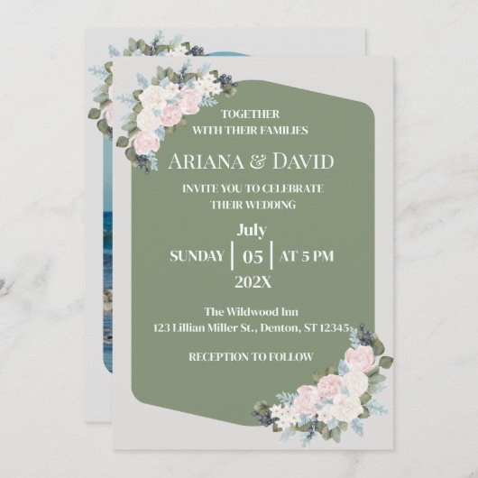 Witte en roze Floral bruiloft Kaart (Voorkant / Achterkant)