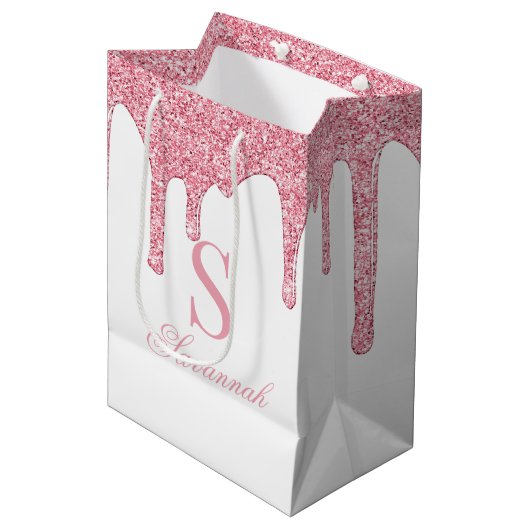 Witte en Roze Glitter Druppels Sparkle Monogram Medium Cadeauzakje (Voorkant Gekanteld)