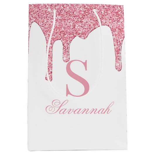 Witte en Roze Glitter Druppels Sparkle Monogram Medium Cadeauzakje (Voorkant)