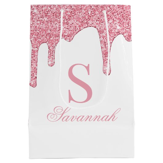 Witte en Roze Glitter Druppels Sparkle Monogram Medium Cadeauzakje (Achterkant)