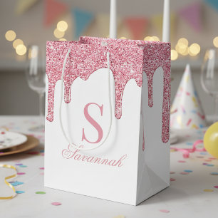 Witte en Roze Glitter Druppels Sparkle Monogram Medium Cadeauzakje