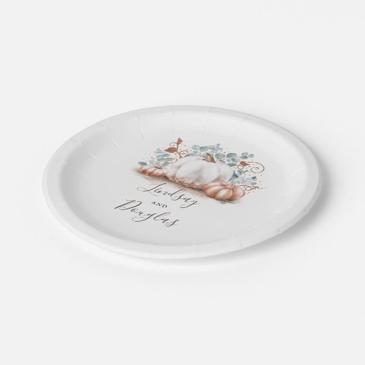 Witte en roze gouden pompoen herfst oogst papieren bordje (Gekanteld)