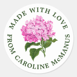 Witte en roze hortensia gemaakt met liefde ronde sticker