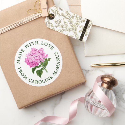 Witte en roze hortensia gemaakt met liefde ronde sticker (Geschenken)