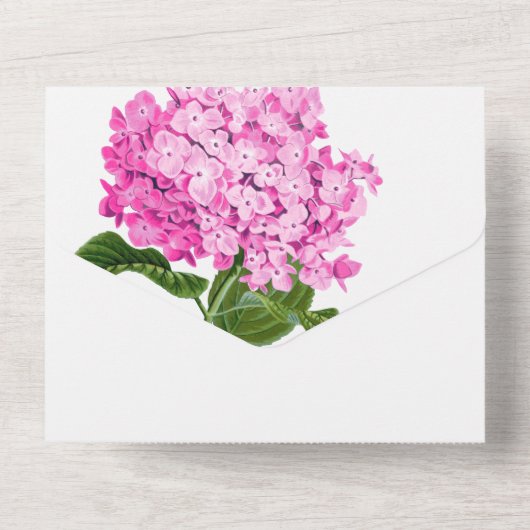 Witte en Roze Hydrangea Alles in één All In One Uitnodiging (Achterkant)