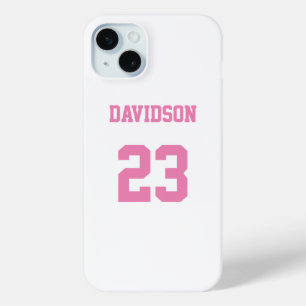 Witte en Roze Jersey Naam Beschermend Nummer iPhone 15 Mini Hoesje