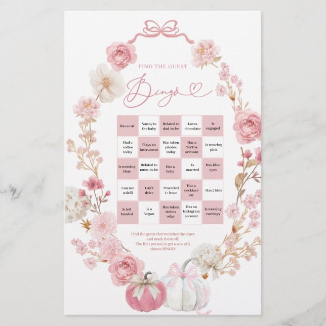 Witte en Roze Kleine Pompoen Vind de Gast Bingo (Voorkant)