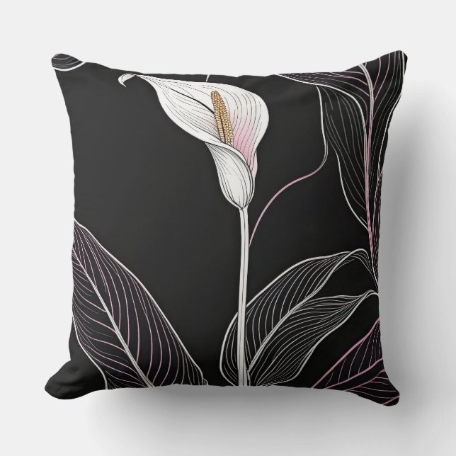 Witte en roze lelies op zwart kussen (Voorkant)