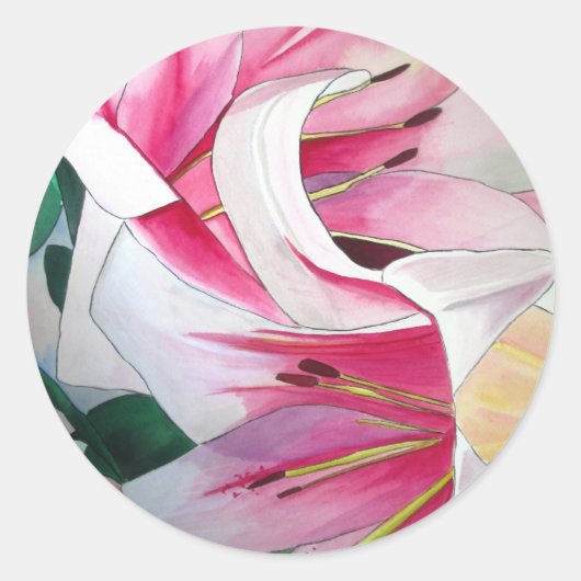Witte en Roze Lily waterverf originele kunst Ronde Sticker (Voorkant)