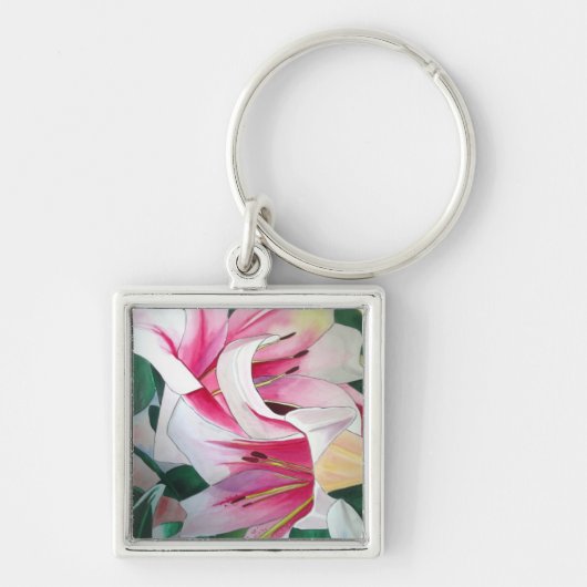 Witte en Roze Lily waterverf originele kunst Sleutelhanger (Voorkant)