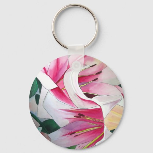 Witte en Roze Lily waterverf originele kunst Sleutelhanger (Voorkant)