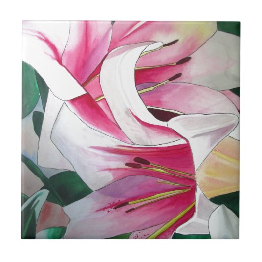 Witte en Roze Lily waterverf originele kunst Tegeltje (Voorkant)