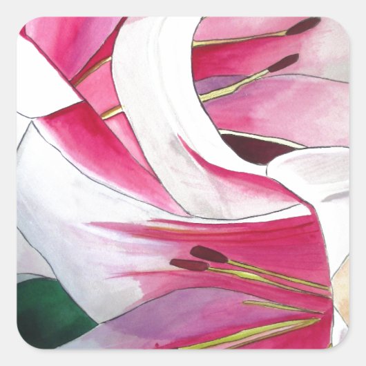 Witte en Roze Lily waterverf originele kunst Vierkante Sticker (Voorkant)