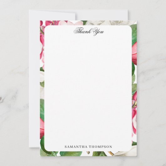  Witte en Roze Magnolia Flowers Aangepaste naam Bedankkaart (Voorkant)