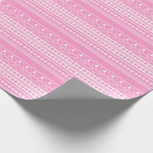 Witte en roze Noordse kerstpatronen Cadeaupapier (Hoek)