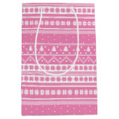 Witte en roze Noordse kerstpatronen Medium Cadeauzakje (Voorkant)