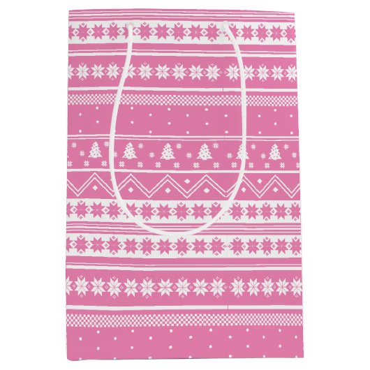 Witte en roze Noordse kerstpatronen Medium Cadeauzakje (Voorkant)