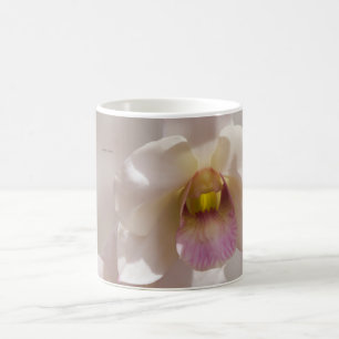 Witte en roze orchidee bloem op een onscherpe acht koffiemok