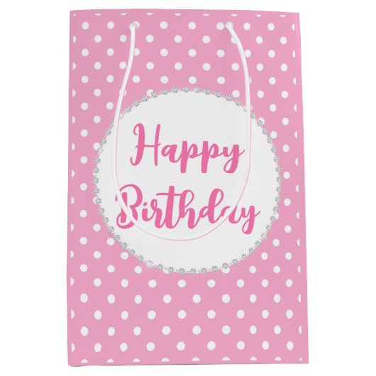 Witte en roze pokadots en diamanten op zaterdag medium cadeauzakje (Voorkant)