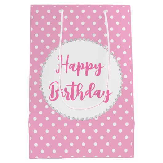 Witte en roze pokadots en diamanten op zaterdag medium cadeauzakje (Achterkant)