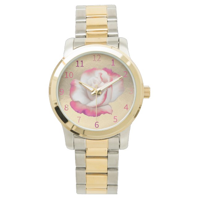 Witte en roze roos - pastel kunst horloge (Voorkant)