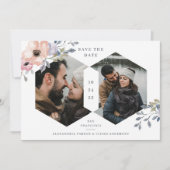 Witte en Roze Roze Geometrische Floral | Twee foto Save The Date (Voorkant)