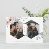 Witte en Roze Roze Geometrische Floral | Twee foto Save The Date (Staand voorkant)