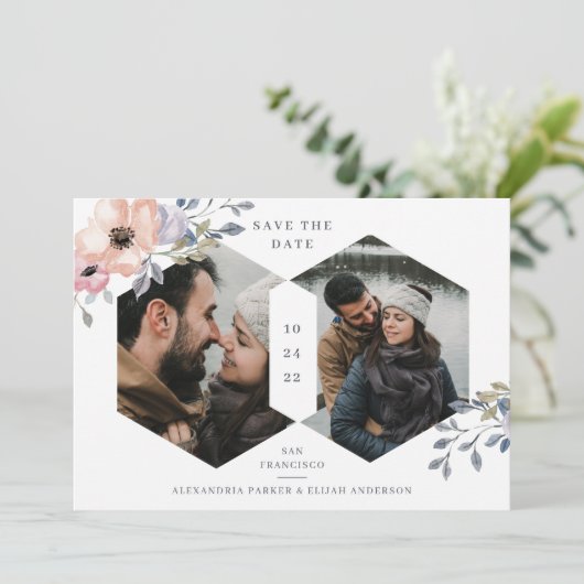Witte en Roze Roze Geometrische Floral | Twee foto Save The Date (Staand voorkant)