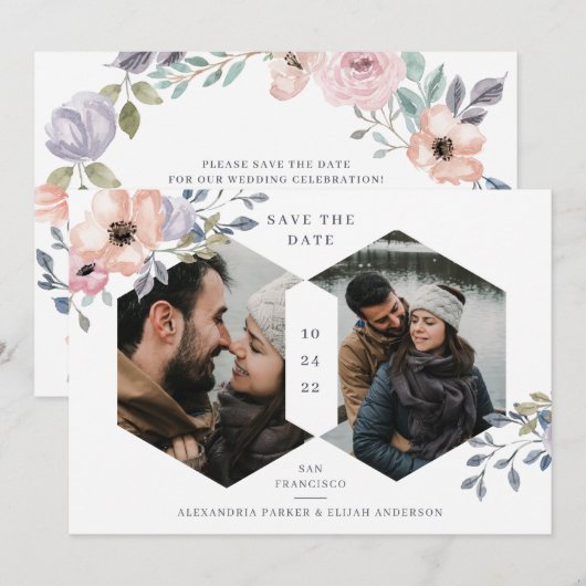 Witte en Roze Roze Geometrische Floral | Twee foto Save The Date (Voorkant / Achterkant)