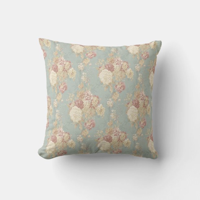 Witte en roze rozen op blauwe shabby chic kussen (Voorkant)