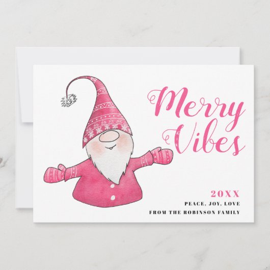 Witte en Roze Schattigee Gnome Merry Vibes Christm Feestdagenkaart (Voorkant)