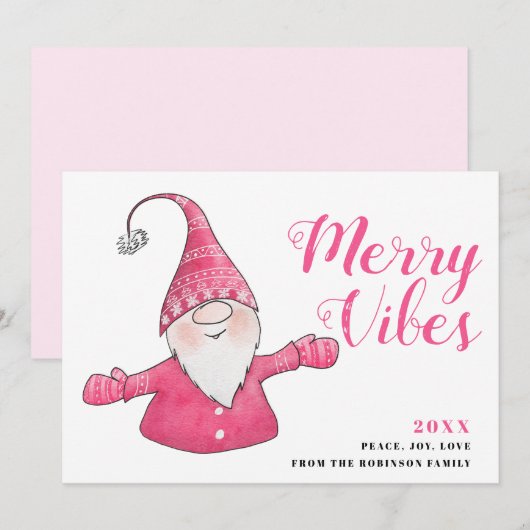 Witte en Roze Schattigee Gnome Merry Vibes Christm Feestdagenkaart (Voorkant / Achterkant)