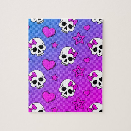 Witte en roze schedel- en hartenpatroon legpuzzel (Verticaal)