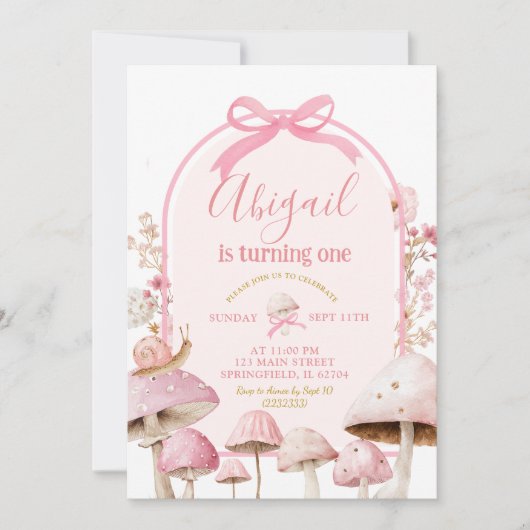 Witte en roze slak en paddenstoel bos verjaardag kaart (Voorkant)