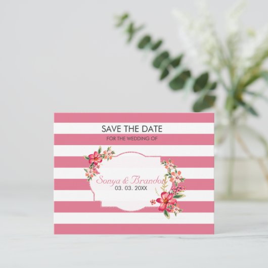 Witte en roze strepen - Sla de datum op Aankondigingskaart (Staand voorkant)