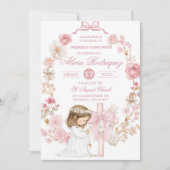 Witte en roze strik Coquette Eerste Heilige Commun Kaart (Voorkant)